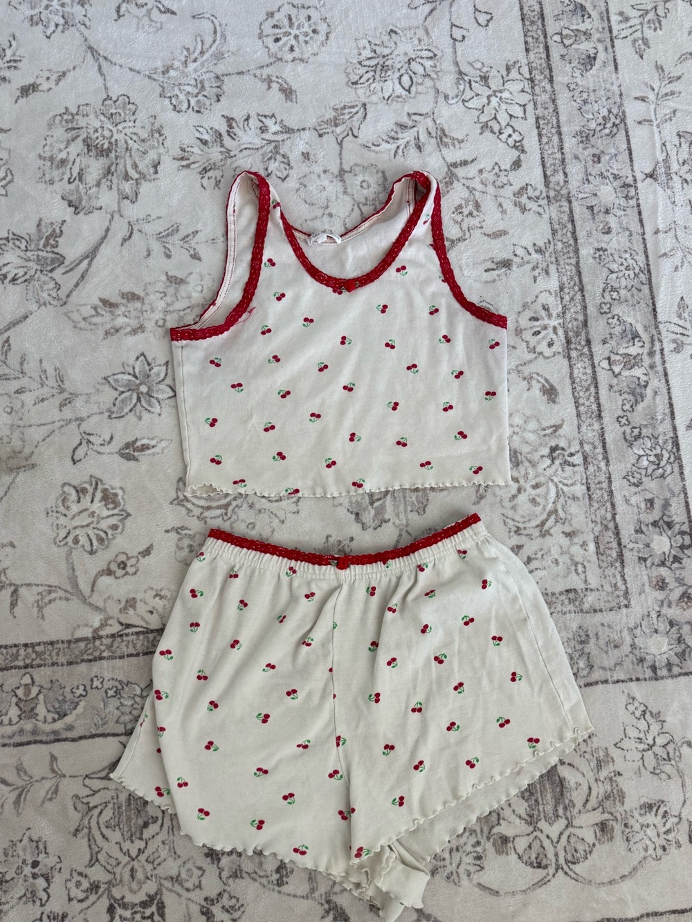 White & Red Cherry Print Cropped Tank and Shorts Sleep Set
